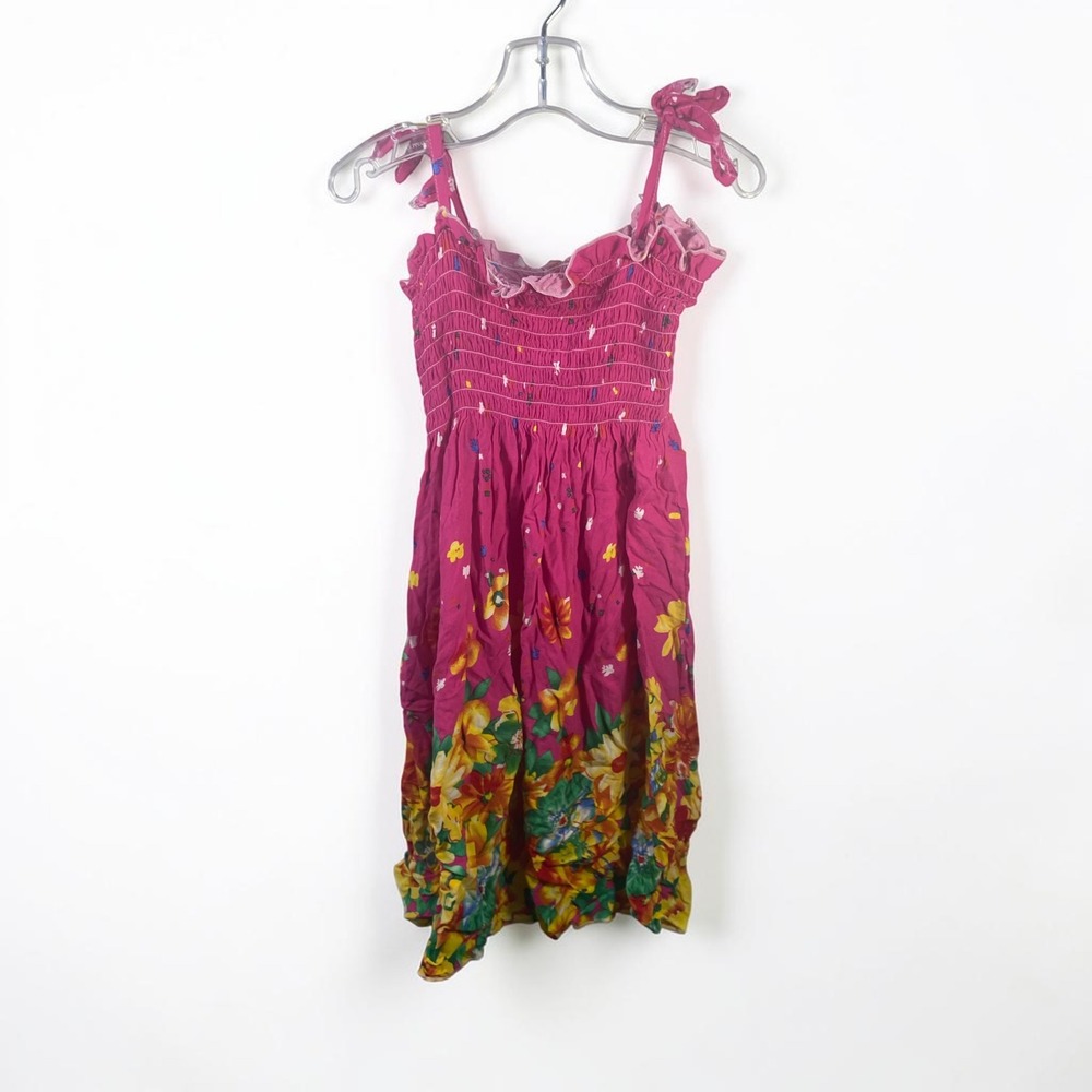 Girls Pink Floral Smocked Sundress Tie Shoulder Tropical Print Size 140